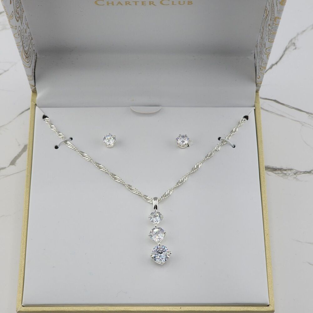 Charter Club Silver-Tone 3 Stone Crystal Pendant Necklace & Stud Earrings 18"